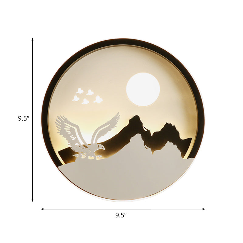 Vivolux | Asië Stijl Circulaire Acrylaat Muur Schilderij Licht LED Muur Lamp in Zwart met Adelaar en Berg Patroon