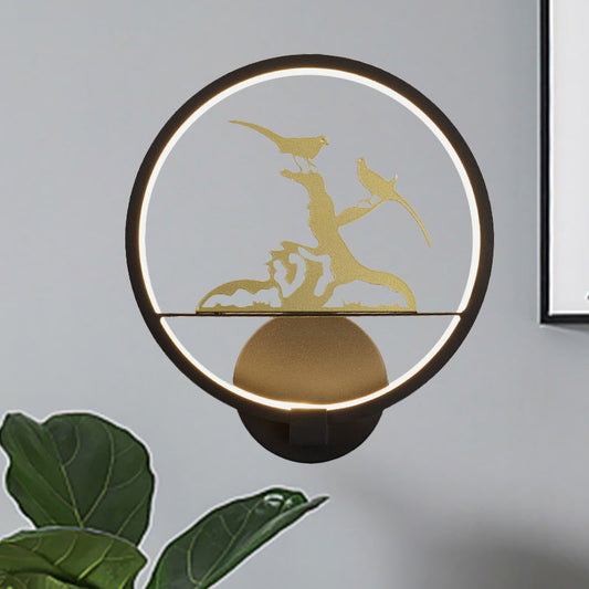 Vivolux | Schwarze Runde Vogelgemusterte Wandbeleuchtungs Idee Chinesischer Stil LED Metallische Wandmural Lampe für Schlafzimmer