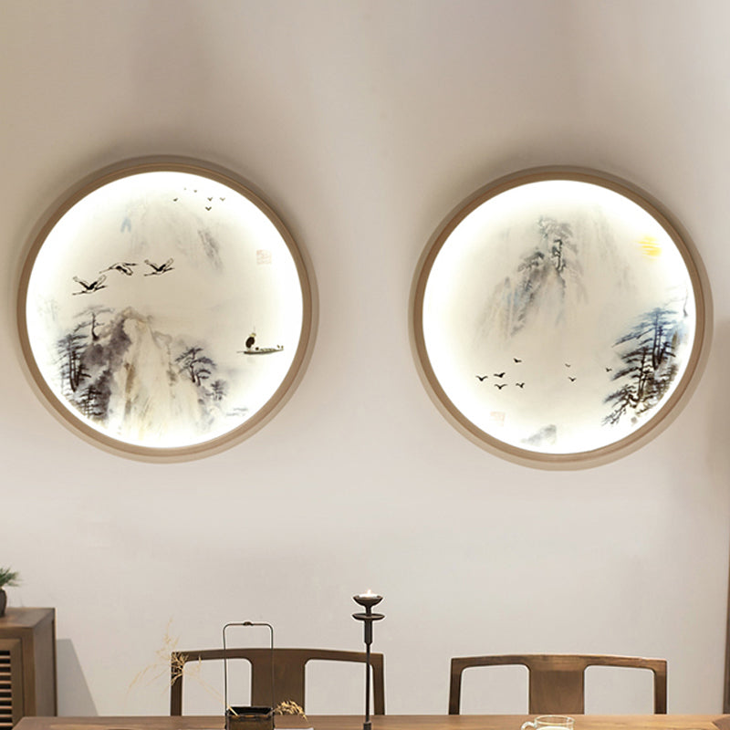 Vivolux | Witte ronde wandmontage verlichting Aziatische stijl LED metalen wandlamp met dennenboom- en vogelpatroon