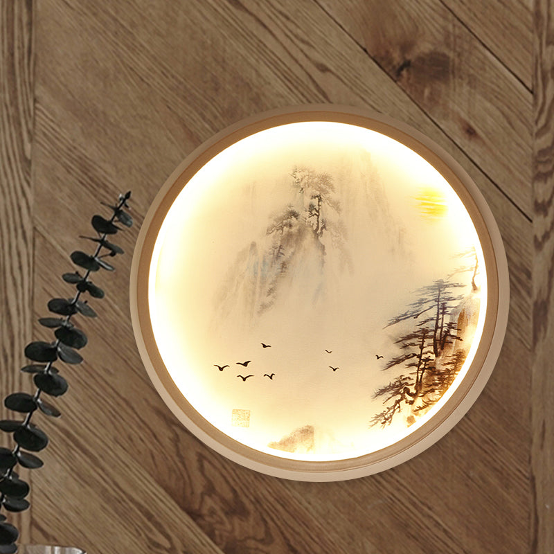 Vivolux | Witte ronde wandmontage verlichting Aziatische stijl LED metalen wandlamp met dennenboom- en vogelpatroon