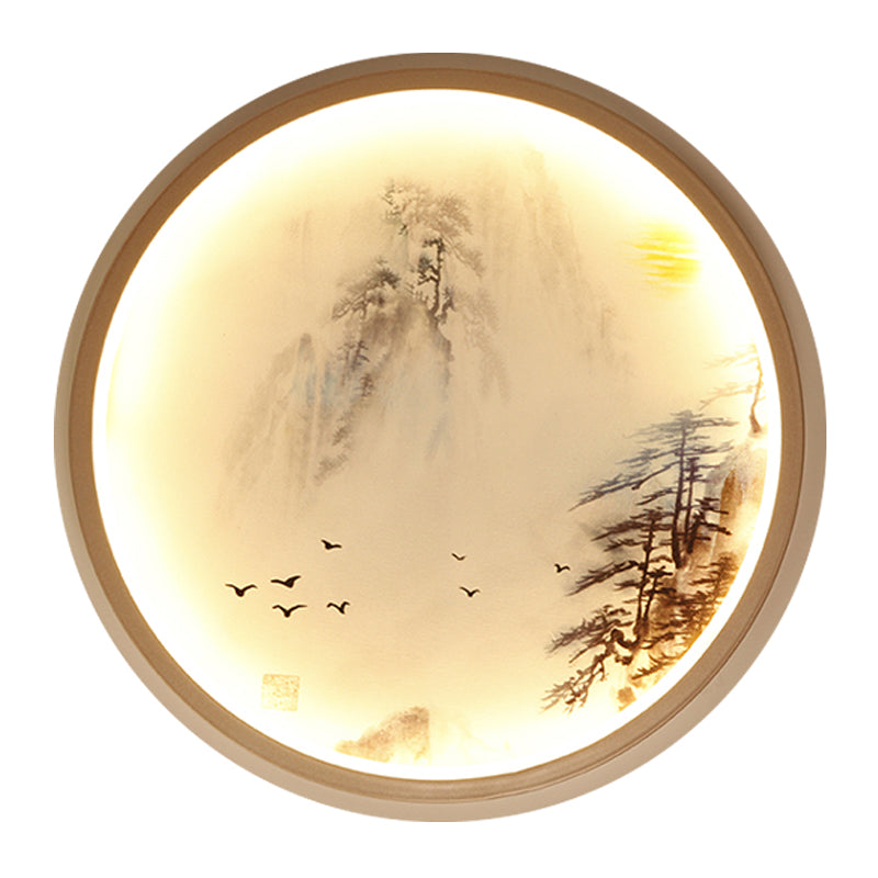 Vivolux | Witte ronde wandmontage verlichting Aziatische stijl LED metalen wandlamp met dennenboom- en vogelpatroon