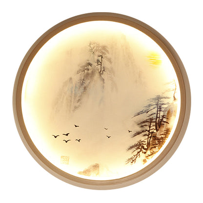 Vivolux | Witte ronde wandmontage verlichting Aziatische stijl LED metalen wandlamp met dennenboom- en vogelpatroon