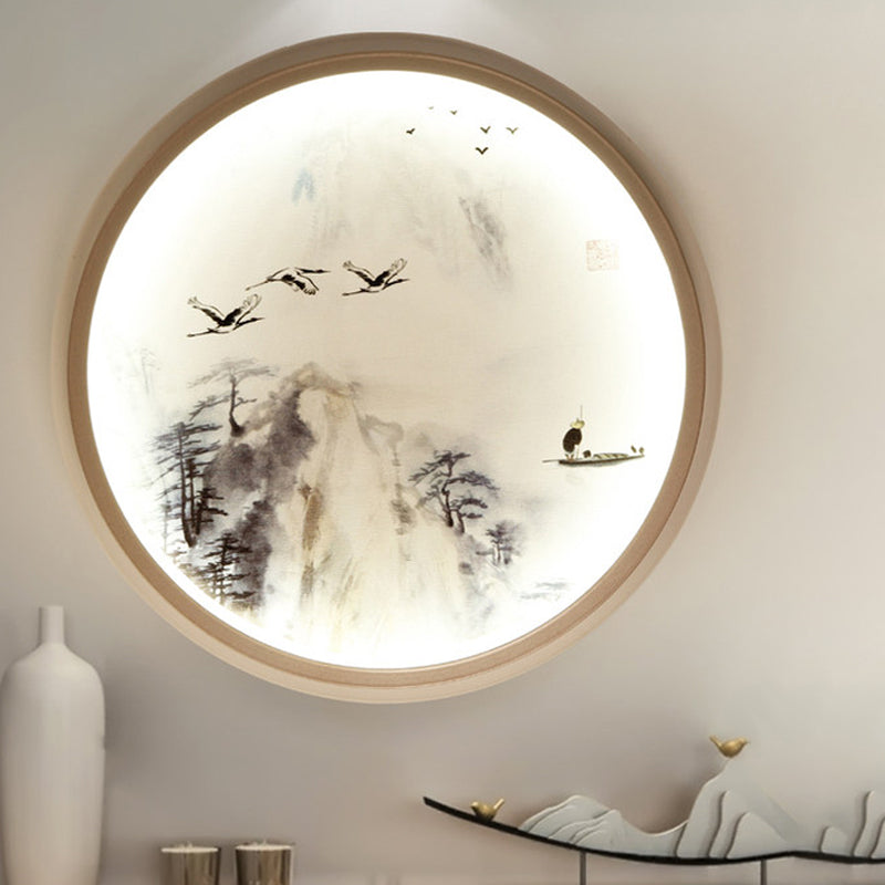 Vivolux | Witte ronde wandmontage verlichting Aziatische stijl LED metalen wandlamp met dennenboom- en vogelpatroon