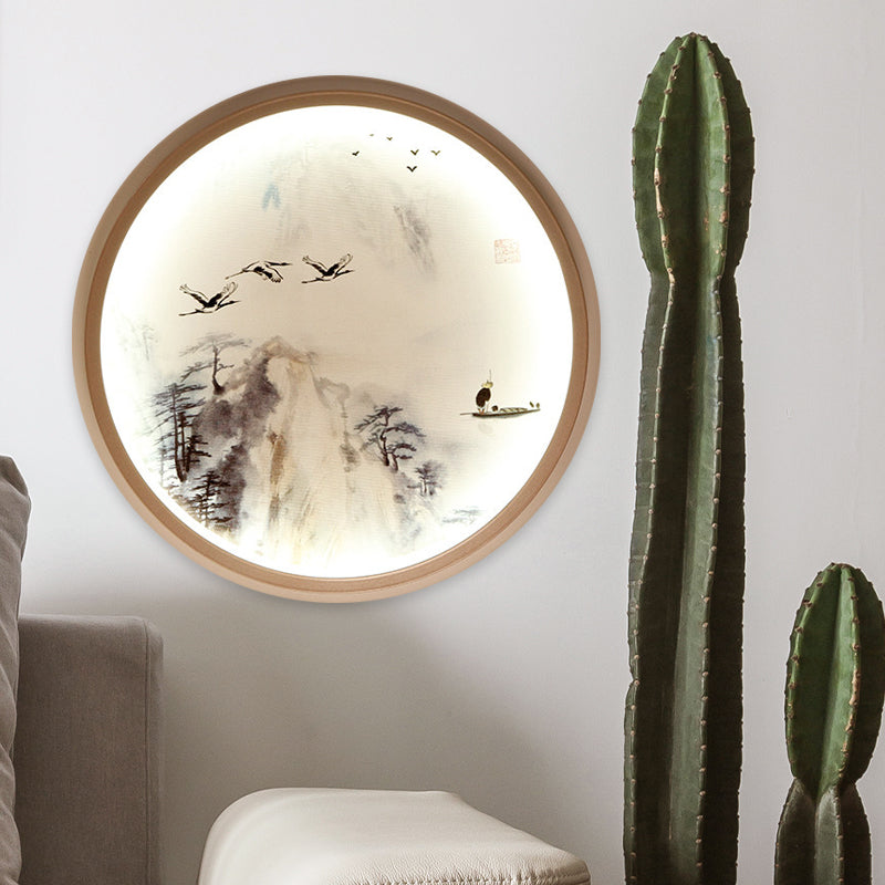 Vivolux | Witte ronde wandmontage verlichting Aziatische stijl LED metalen wandlamp met dennenboom- en vogelpatroon