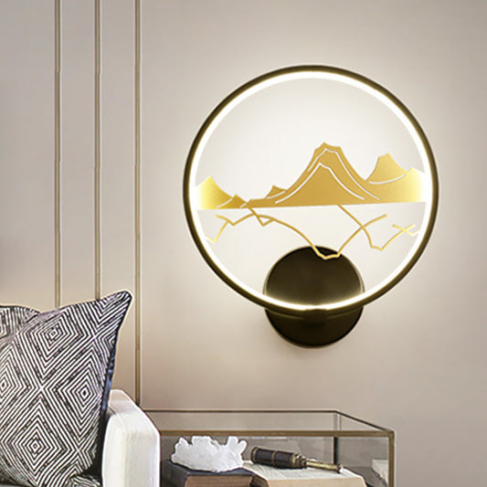 Vivolux | Schwarze runde Wandmontage-Leuchte im asiatischen Stil LED Acryl Wandmalerei Lampe mit Bergmuster