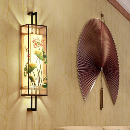 Vivolux | Oriental Style Cuboid Gevormde Stof Wandlamp 2 Koppen Wandmuur Licht in Zwart met Lotusblad/Tak Patroon