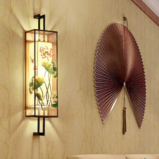Vivolux | Oriental Style Cuboid Gevormde Stof Wandlamp 2 Koppen Wandmuur Licht in Zwart met Lotusblad/Tak Patroon