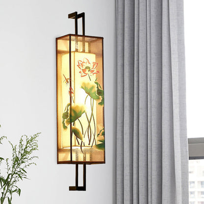 Vivolux | Oriental Style Cuboid Gevormde Stof Wandlamp 2 Koppen Wandmuur Licht in Zwart met Lotusblad/Tak Patroon
