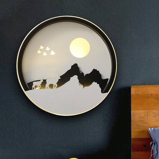 Vivolux | Runde Wohnzimmer Wandmontierte Lampe Acryl LED Zeitgenössische Wandmalerei Licht in Schwarz mit Berg- und Sonnenmuster