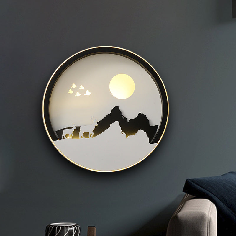 Vivolux | Runde Wohnzimmer Wandmontierte Lampe Acryl LED Zeitgenössische Wandmalerei Licht in Schwarz mit Berg- und Sonnenmuster
