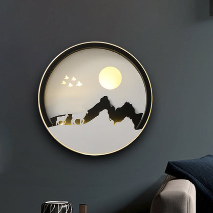 Vivolux | Runde Wohnzimmer Wandmontierte Lampe Acryl LED Zeitgenössische Wandmalerei Licht in Schwarz mit Berg- und Sonnenmuster
