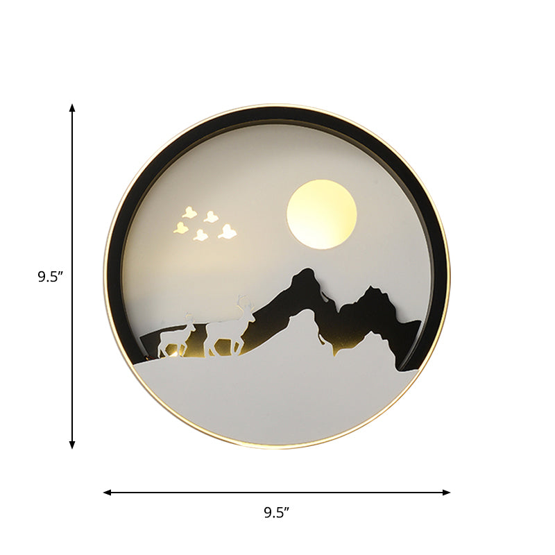 Vivolux | Runde Wohnzimmer Wandmontierte Lampe Acryl LED Zeitgenössische Wandmalerei Licht in Schwarz mit Berg- und Sonnenmuster