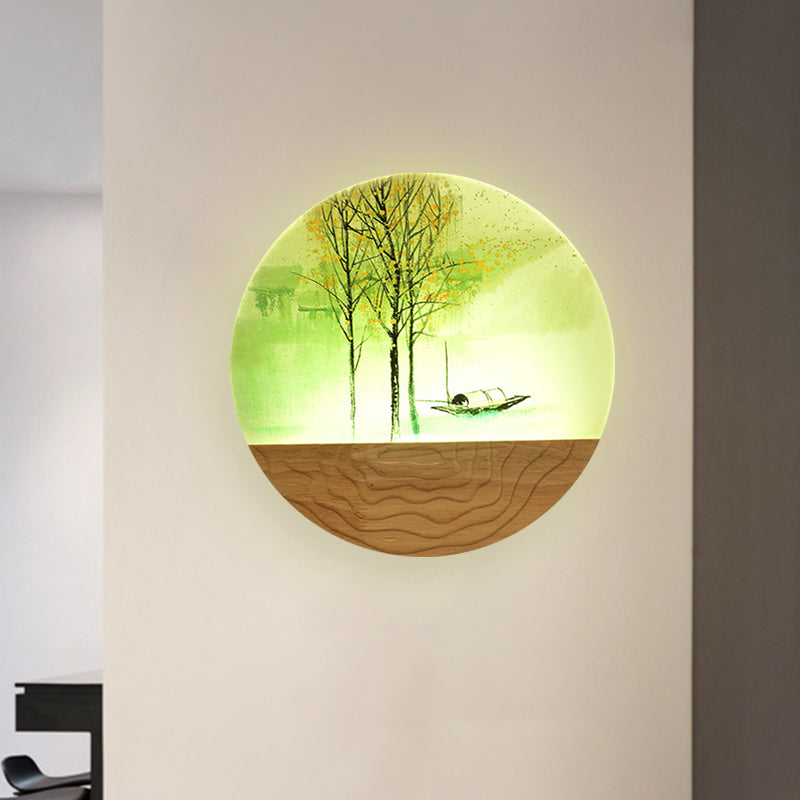 Vivolux | 9.5"/11" Breite Metall Runde Wandmural Licht Asien Stil LED Holz Wandmontierte Beleuchtung mit Boot und Baum Muster