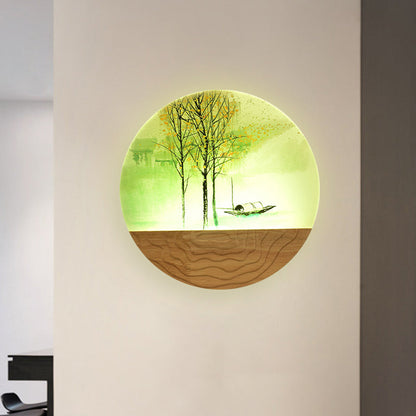 Vivolux | 9.5"/11" Breite Metall Runde Wandmural Licht Asien Stil LED Holz Wandmontierte Beleuchtung mit Boot und Baum Muster