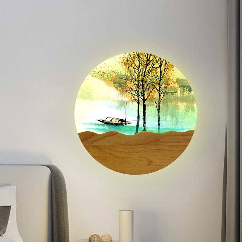 Vivolux | 9.5"/11" Breite Metall Runde Wandmural Licht Asien Stil LED Holz Wandmontierte Beleuchtung mit Boot und Baum Muster
