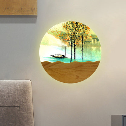 Vivolux | 9.5"/11" Breite Metall Runde Wandmural Licht Asien Stil LED Holz Wandmontierte Beleuchtung mit Boot und Baum Muster