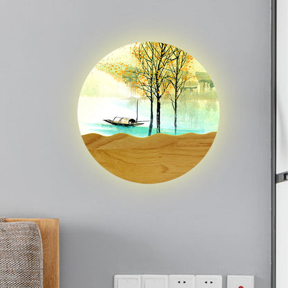 Vivolux | 9.5"/11" Breite Metall Runde Wandmural Licht Asien Stil LED Holz Wandmontierte Beleuchtung mit Boot und Baum Muster