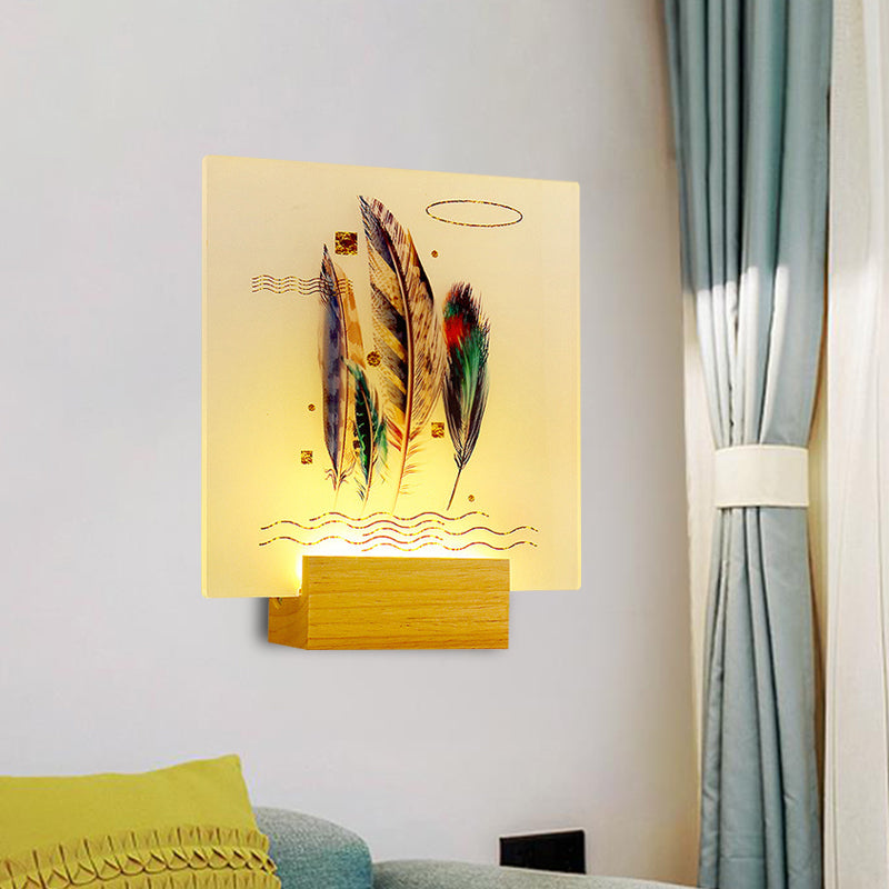 Vivolux | Holz Quadrat Form Feder Wandlampe Asien Stil LED Acryl Wandmural Licht für Wohnzimmer
