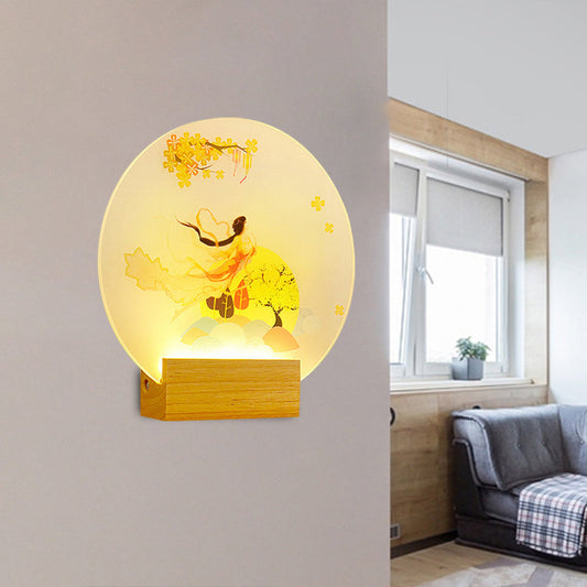 Vivolux | Runde Wandlampe aus Acryl LED im chinesischen Stil für Schlafzimmer Göttin in Holz