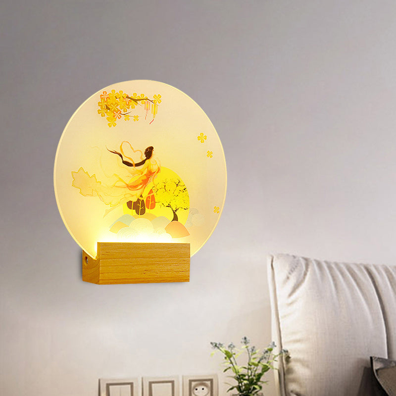 Vivolux | Runde Wandlampe aus Acryl LED im chinesischen Stil für Schlafzimmer Göttin in Holz