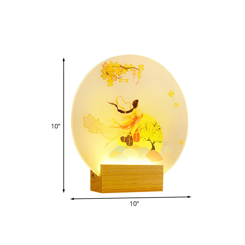 Vivolux | Runde Wandlampe aus Acryl LED im chinesischen Stil für Schlafzimmer Göttin in Holz