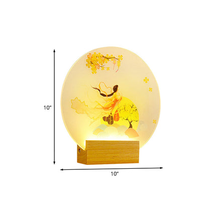 Vivolux | Runde Wandlampe aus Acryl LED im chinesischen Stil für Schlafzimmer Göttin in Holz