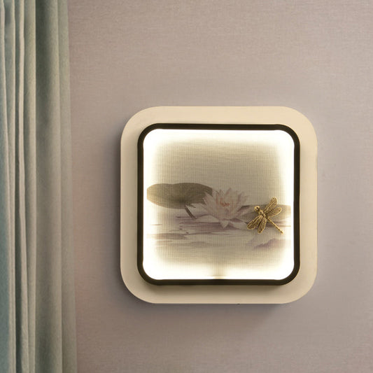 Vivolux | Chinesisches quadratisches Metall-Wandleuchten-Gehäuse LED-Wandlampe in Schwarz und Weiß mit Lotus- und Libellenmuster