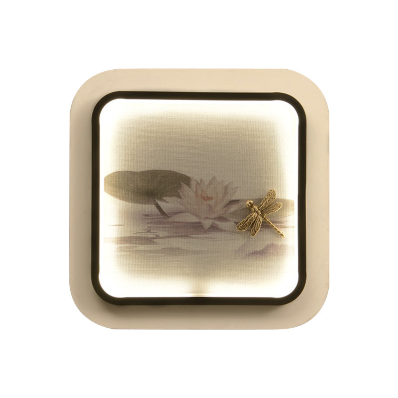 Vivolux | Chinesisches quadratisches Metall-Wandleuchten-Gehäuse LED-Wandlampe in Schwarz und Weiß mit Lotus- und Libellenmuster