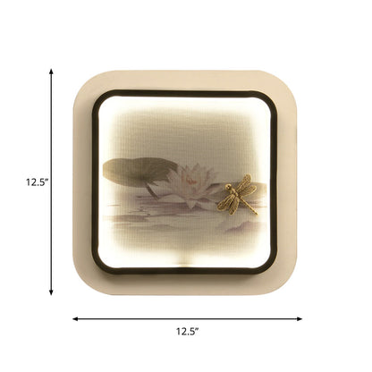 Vivolux | Chinesisches quadratisches Metall-Wandleuchten-Gehäuse LED-Wandlampe in Schwarz und Weiß mit Lotus- und Libellenmuster