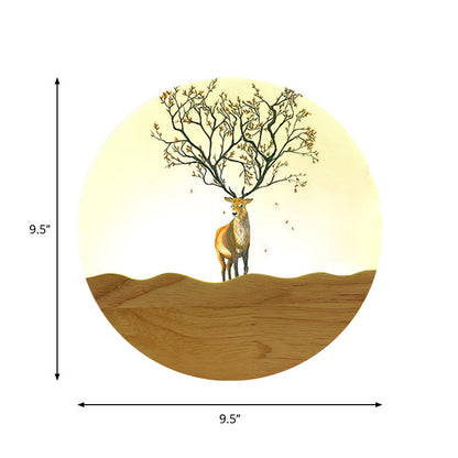 Vivolux | LED Nachtwandbeleuchtung Idee Minimalistischer Stil Holz Elch Hirsch und Baum Muster Wandlampe mit rundem Metallschirm