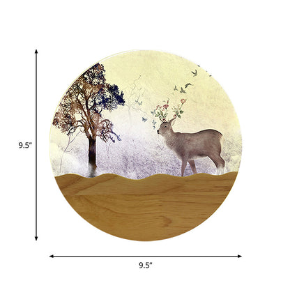 Vivolux | LED Nachtwandbeleuchtung Idee Minimalistischer Stil Holz Elch Hirsch und Baum Muster Wandlampe mit rundem Metallschirm