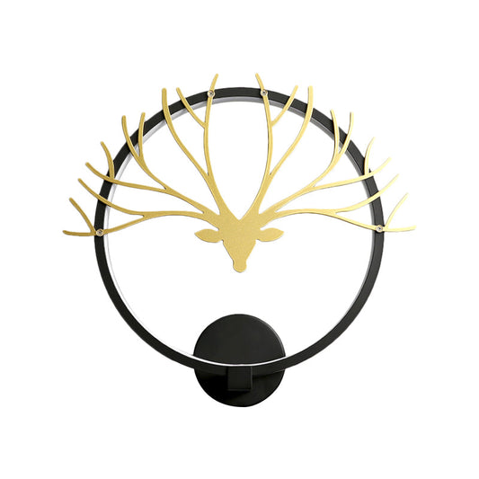 Vivolux | Runde Elch-Gewehr Kopf Wandlampe Nordic Style Metall LED Schwarz/Gold Wandtapete Licht für Nachttisch, Warm/Weiß Licht