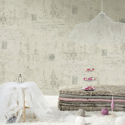 Vivolux | Tapete Script und Kronleuchter Druck Pastellfarbe Retro Papier Wandverkleidung für Akzentwand