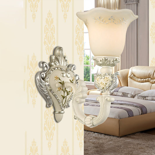 Vivolux | 1/2-Head Elfenbeinglas Wandlampe Traditionelle Weiße Glockenförmige Schlafzimmer Wandlicht Kit