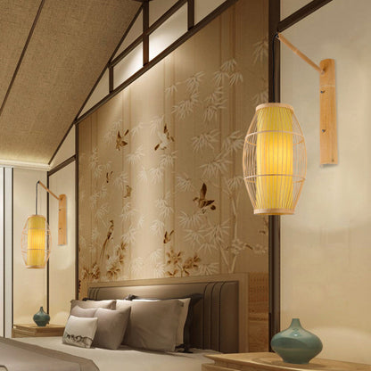 Vivolux | Asiatische Stil Rechteckige Hängende Wandlampe Bambus 1 Glühbirne Schlafzimmer Wandleuchte in Beige