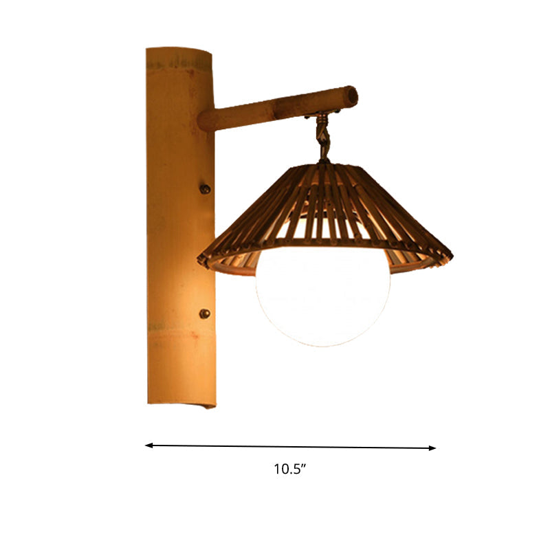 Vivolux | Bamboe Conen Wandmontage Licht Aziatische Stijl 1-Licht Bruine Wandlamp met Witte Glazen Bol Schaduw
