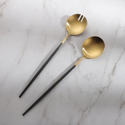 Vivolux | Schwarze und goldene Salatbesteck- und Servierutensilien-Set