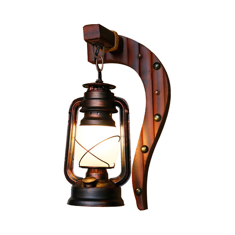 Vivolux | Antiek Koper Eén Licht Wandlamp Licht Rustiek Opal Glas Kerosine Verlichtingsarmatuur met Houten Achterplaat