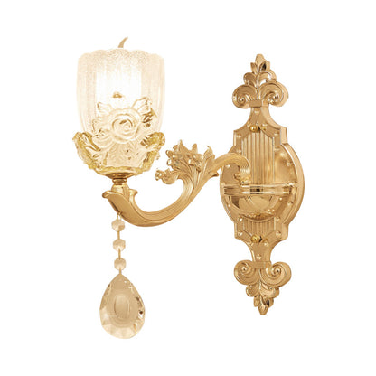Vivolux | Klarer Kristall Blumen Schirm Wandlampe Traditionelles 1/2-Kopf Wohnzimmer Wandleuchte Licht in Messing mit geschwungener Arm