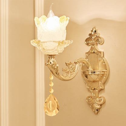 Vivolux | Traditionele Scroll Arm Wandlamp 1/2-Lamp Glazen Bloesem Schaal Muurmontage Licht in Messing met Kristal Accenten