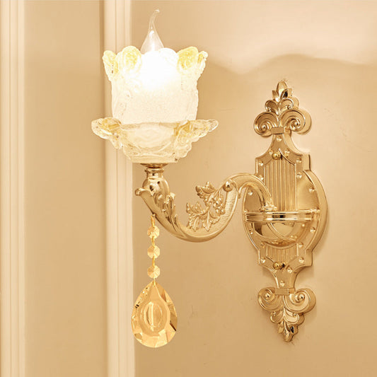 Vivolux | Traditionele Scroll Arm Wandlamp 1/2-Lamp Glazen Bloesem Schaal Muurmontage Licht in Messing met Kristal Accenten