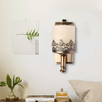 Vivolux | Antique Cylinder Wall Lamp Single Tube White Glass Etching Wall Lighting Fixture in Gold