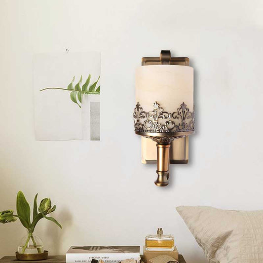 Vivolux | Antique Cylinder Wall Lamp Single Tube White Glass Etching Wall Lighting Fixture in Gold