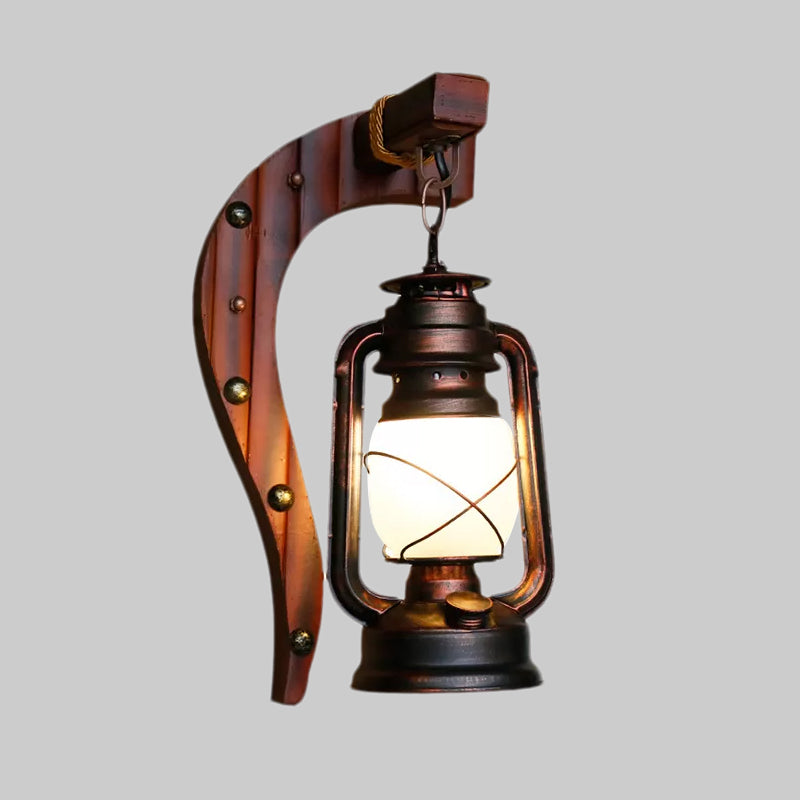 Vivolux | Antiek Koper Eén Licht Wandlamp Licht Rustiek Opal Glas Kerosine Verlichtingsarmatuur met Houten Achterplaat