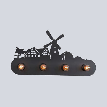 Vivolux | Lodge Open Bulb Wandlamp met Elkhert/Paard/Schaap/Berg/Windmolen/Boom Ontwerp 4 Gloeilampen Metalen Wandlamp in Zwart voor Binnen