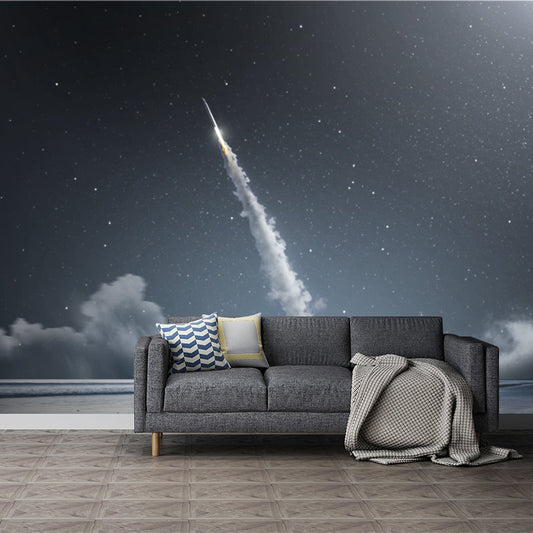 Vivolux | Sterrenhemel Raket Behang Muurschildering Futuristisch Non-Woven Materiaal Wanddecoratie in Blauw-Wit
