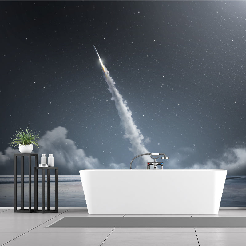 Vivolux | Sterrenhemel Raket Behang Muurschildering Futuristisch Non-Woven Materiaal Wanddecoratie in Blauw-Wit