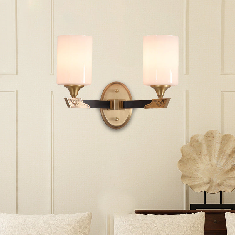 Vivolux | 1/2-Head Zylindrische Wandleuchte Traditionell Schwarz-Gold Weißes Glas Wandmontage Lichtarmatur