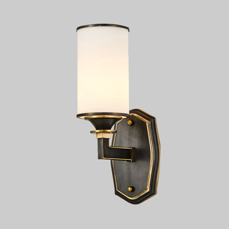 Vivolux | Kolom Melkglas Wandlamp Platteland 1/2-Licht Gang Wandverlichtingarmatuur met Rechthoekige Arm in Zwart en Goud