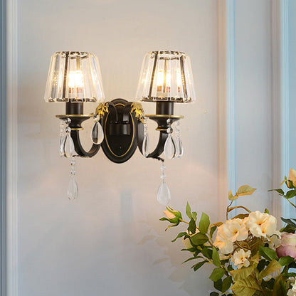 Vivolux | Moderner 1/2-Kopf Wannenlampe mit Kristallprismen-Schirm Schwarze konische Wandleuchte